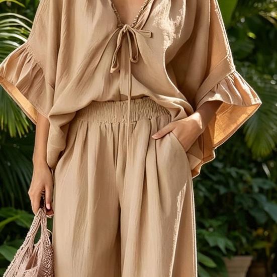 Conjuntos de Verano de 2 Piezas para Mujer, Top con Volantes de Media Manga y Cuello en V a Juego con Pantalones de Pierna Ancha, Conjuntos de Salón para Vacaciones con Bolsillos
