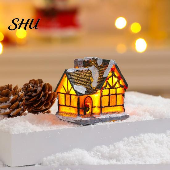 Desktop Christmas House Ornament Glowing Romantic Warm Lighting Resin Craft Small Glow LED Snow Covered Decoration Figurine Statue Party Festival Gift