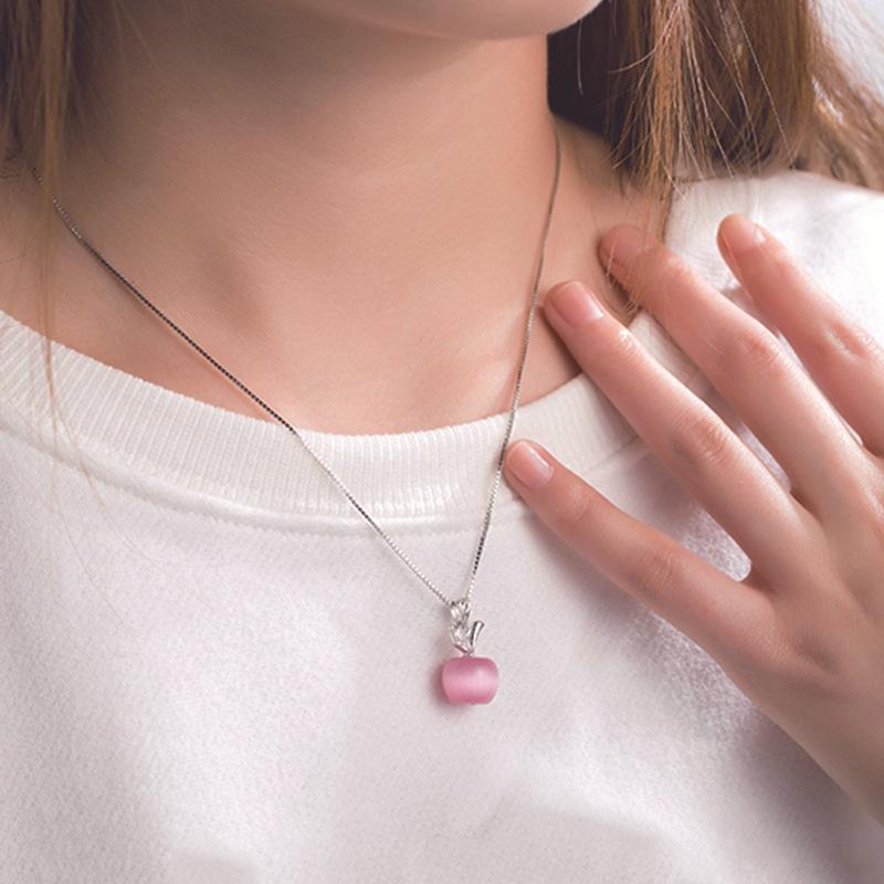 Apple Cat's Eye Stone Necklace with Rose Quartz, Silver, and Moonstone Pendants
