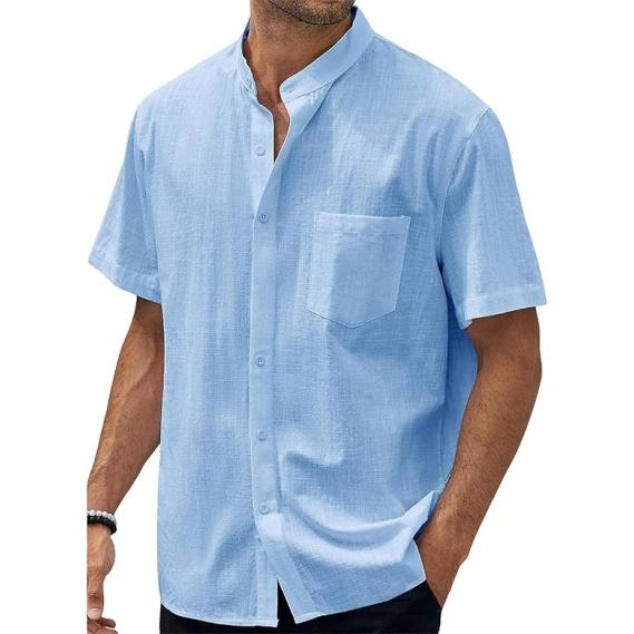 Men's Casual -color Cotton Blended Shirt, Men's Lapel Short-sleeved Top
