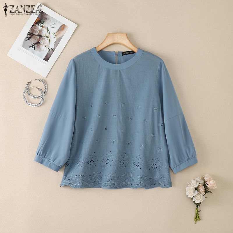 ZANZEA Blusa da donna casual con scollo rotondo, manica a 3/4, patchwork all'uncinetto