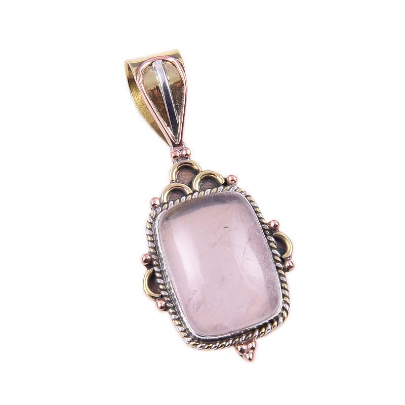 Natural Rose Quartz 925 Solid Sterling Silver Jewelry TwoTone Pendant 1.50" z3H22
