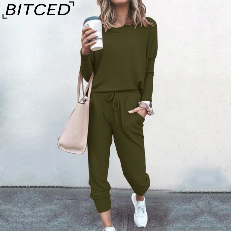 BITCED Spring and Autumn Women's Loose Solid Colour Long Sleeve Long Pants Casual Suit