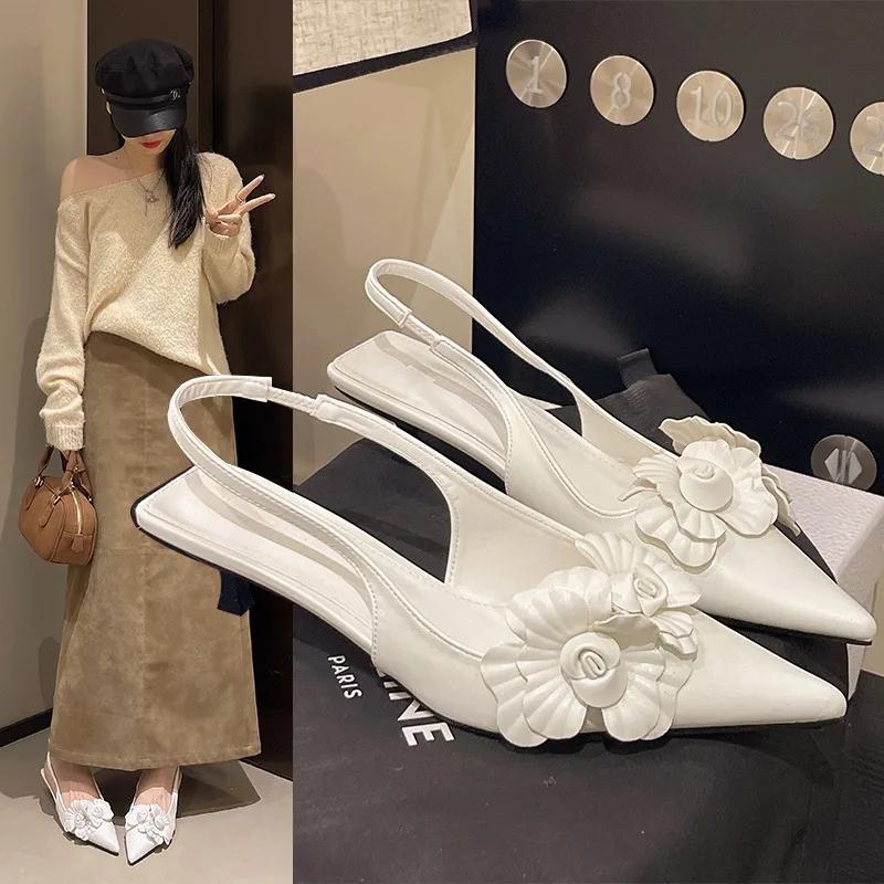 Fashion 2025 Summer Fashion High Heels Flower Sexy Pointed Ladies Casual Outdoor Shoes Sweet White Sandals