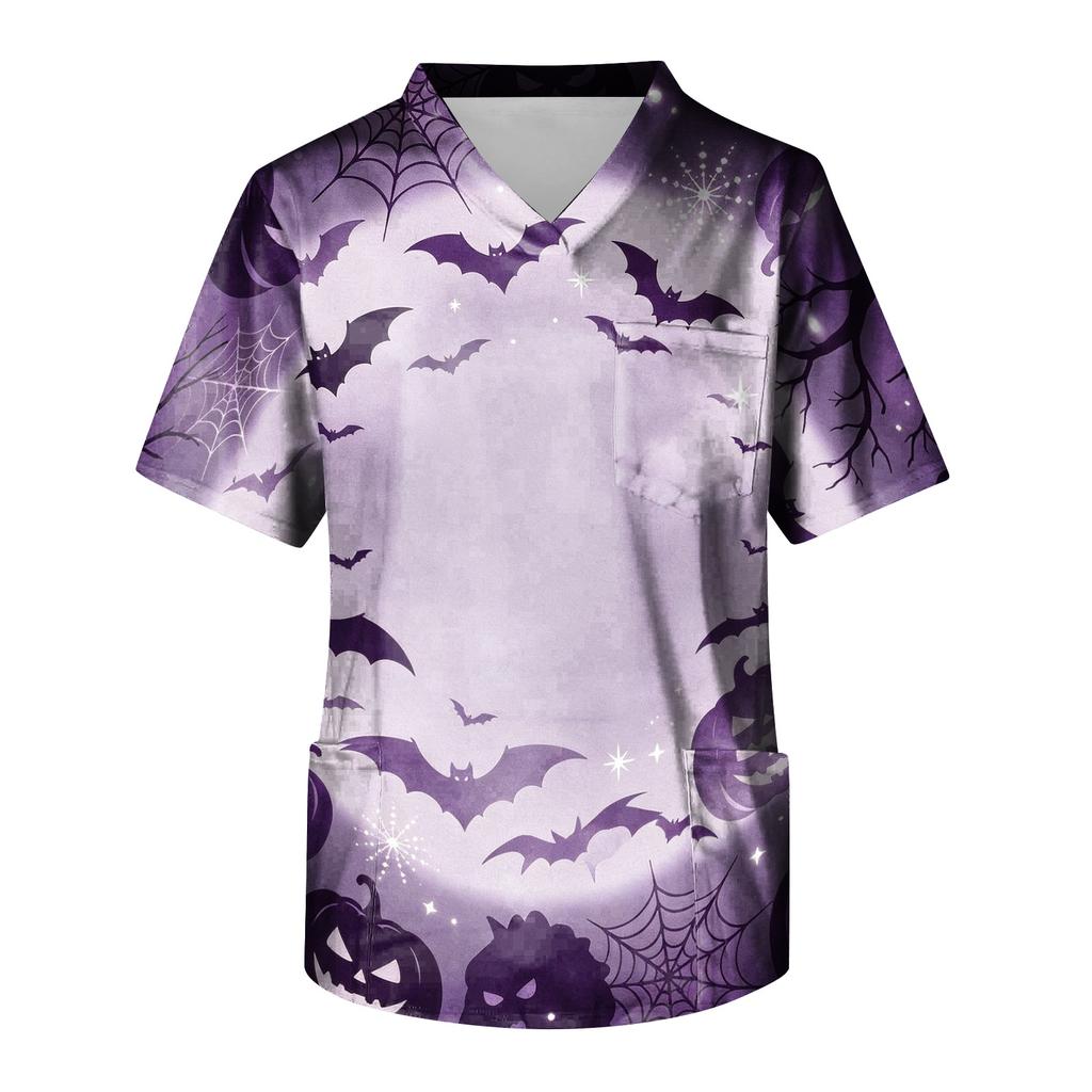 Men's Halloween Print Medical Scrub Top V Neck Pocket Comfortable Fit Daily Workwear for Healthcare Professionals