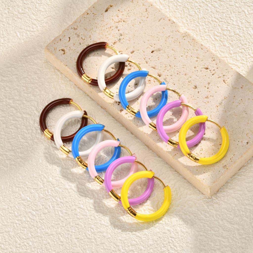 Fashion Minimalist Geometric Circle Huggie Hoop Earrings, Colorful Enamel Stainless Steel Small Hoops Jewelry for Women Ladies