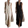 Women's Summer Cotton Linen Shirt Dress Sleeveless Button Down Hooded Maxi Dress Casual Tunic Beach Sundress