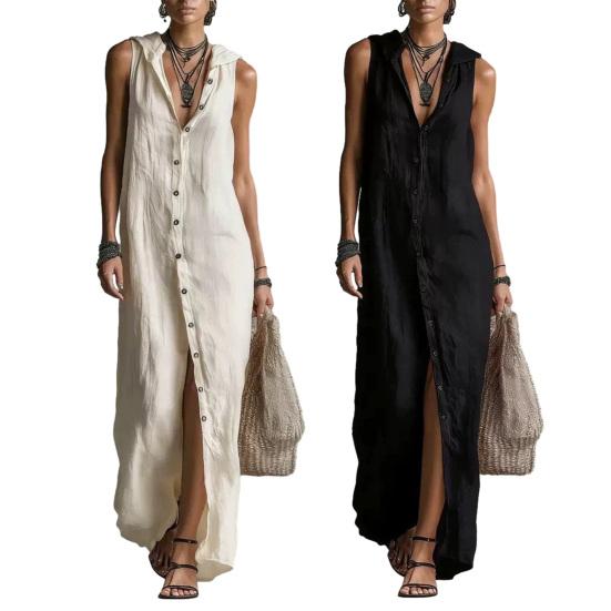 Women's Summer Cotton Linen Shirt Dress Sleeveless Button Down Hooded Maxi Dress Casual Tunic Beach Sundress