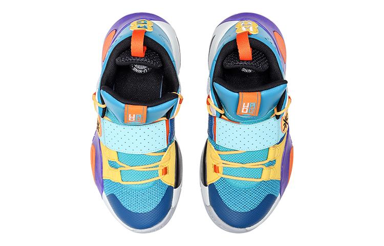 Li Ning YOUNG All City 8 Synthetic Leather Low Top Children's Basketball Shoes Blue Yellow YKBS114-3
