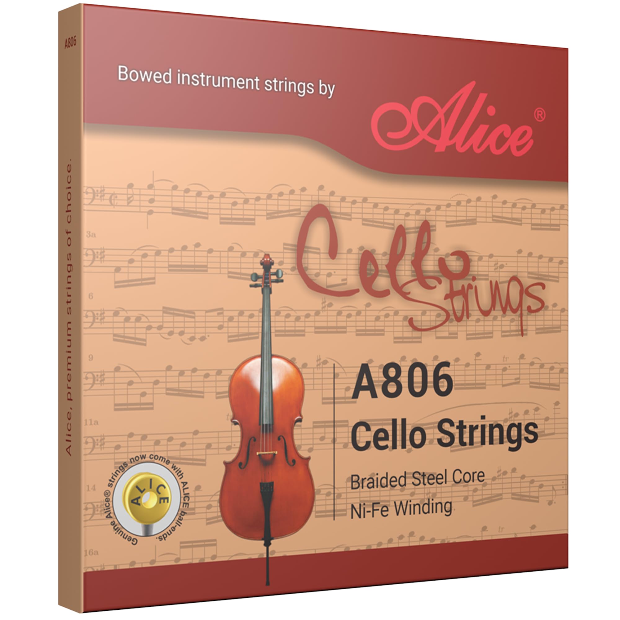 Alice Cello Strings, 4/4 String Set, Practice and Performance Strings, Steel Core, Chrome Alloy, Cello Strings A806