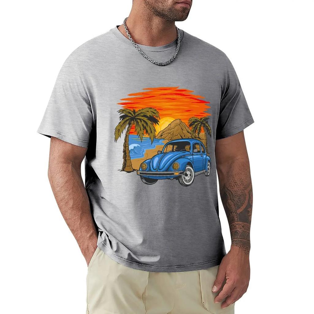 Holiday Vintage Car With Sunset In The Beach T Shirt Harajuku Short Sleeve T-shirt 100% Cotton Graphics Tshirt Tops