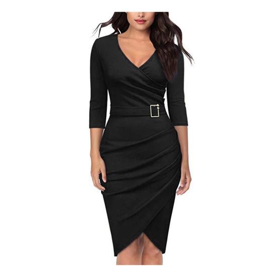 Solid Color Women V Neck 3/4 Sleeve High Waist Belted Irregular Pencil Dress