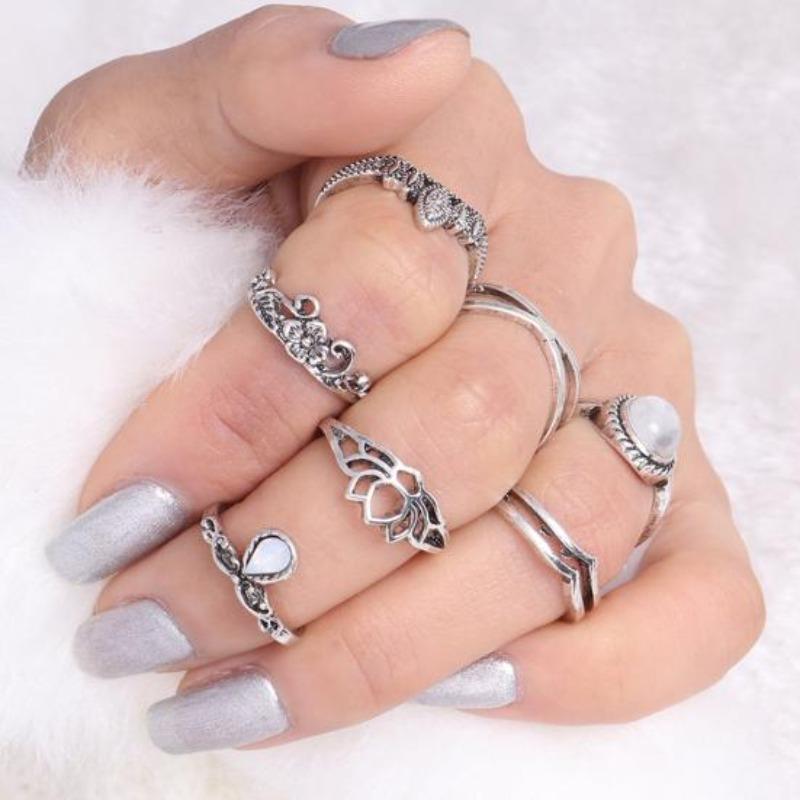 7 Pcs Vintage Women Hollow Carving Lotus Flower Waterdrop Knuckle Midi Rings Set