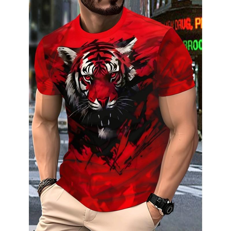 Men's 3D Eagle Graphic T-Shirt - Short Sleeve,Round Neck,Polyester Blend,Vibrant Eagle  Wolf Design,Casual Streetwear for Summer