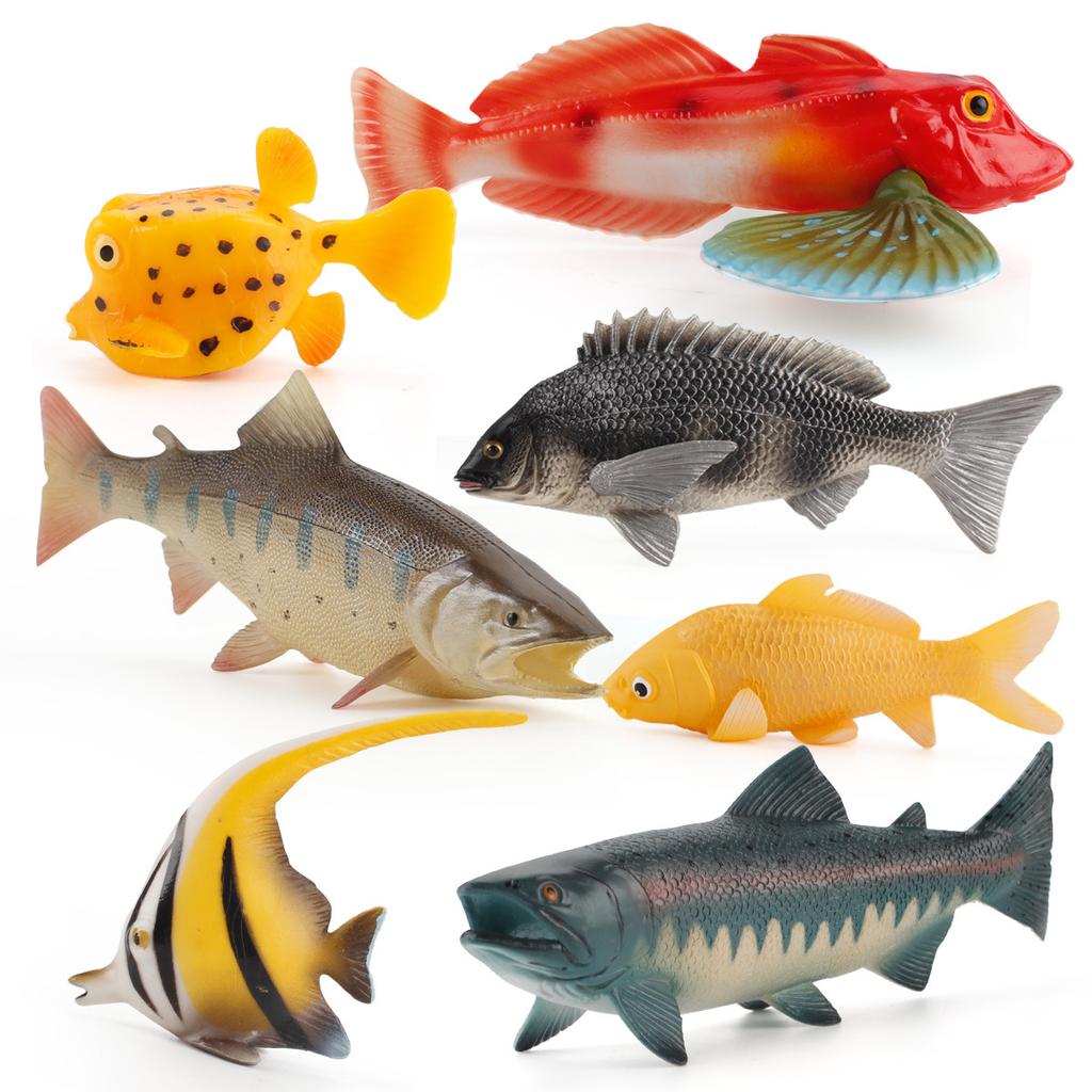 Simulation Solid Freshwater Fish Model 9-Piece Set, Animal Model Angelfish Salmon Tuna Aquarium Ornament