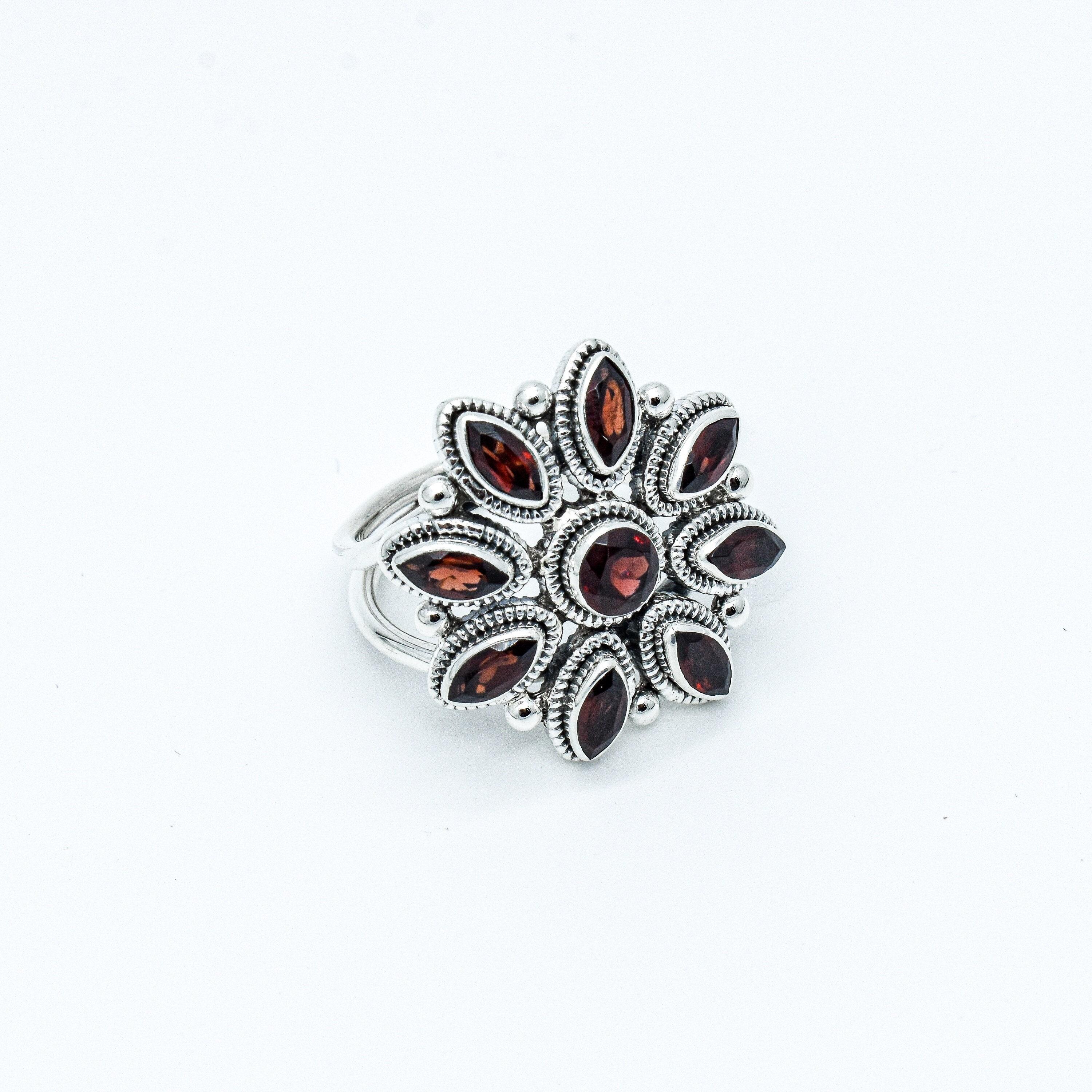 Floral Garnet Ring: Handmade 925 Sterling
