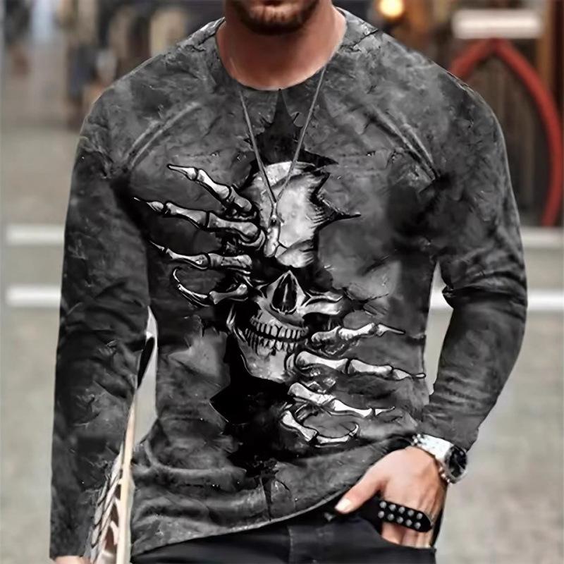 Autumn Round Neck 3D Skull Pattern Printed Top Fashionable Casual Long Sleeved Men's T-shirts
