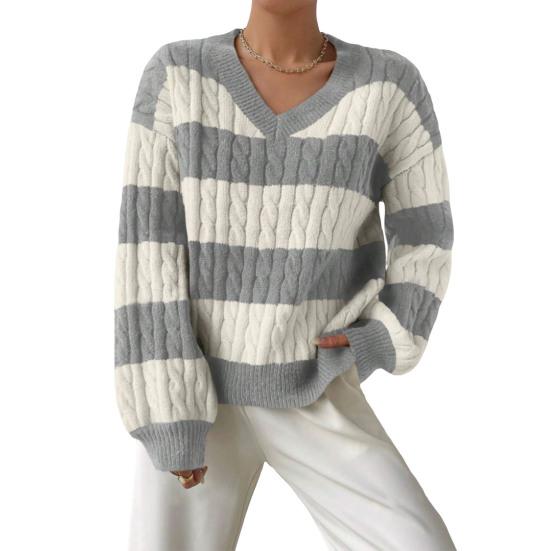 Dámský pletený svetr s výstřihem do V, dlouhým rukávem, zkrácený pulovr, svetr, patchworková barva, copánkový vzor