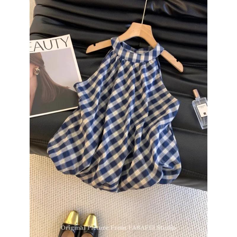 Retro Plaid Halter Neck Shirt for Women Versatile Summer Bud Vest Off Shoulder Sleeveless Top