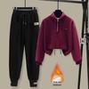Trendy Women's Fleece Half-Zip Stand Collar Sweatshirt & Loose Harem Pants Set