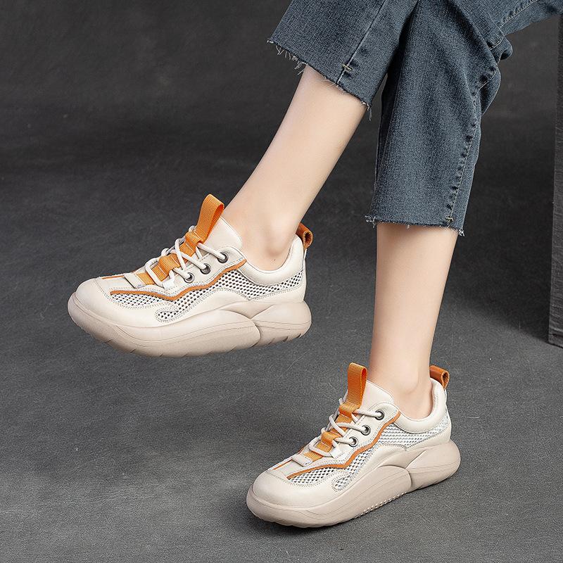 Fashion GKTINOO Mixed Colors Casual Sneakers Women Thick Bottom Genuine Leather Mesh Breathable Lace-Up Summer Chunky Platform Shoes