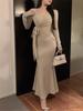 Elegantes V-Ausschnitt Schnürung Langarm Fishtail-Kleid für Damen - Schlankmachender Herbst/Winter Stil