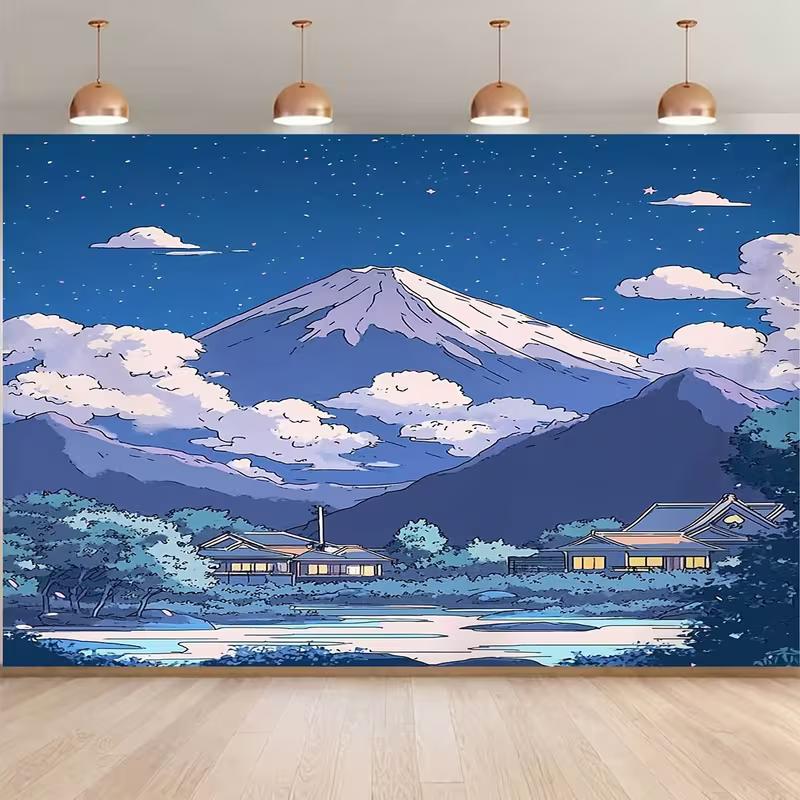 2D Japanese Fuji Mountain Backdrop, Aesthetic Anime Scenery Background for Photoshoot 47.2x31.5inch/120*80cm