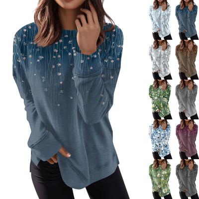 Damen Rundhals-Oberteile, Baumwolle, Damen, lässig, modisch, bedruckt, langärmelig, O-Ausschnitt, Pullover, Oberteil, Bluse