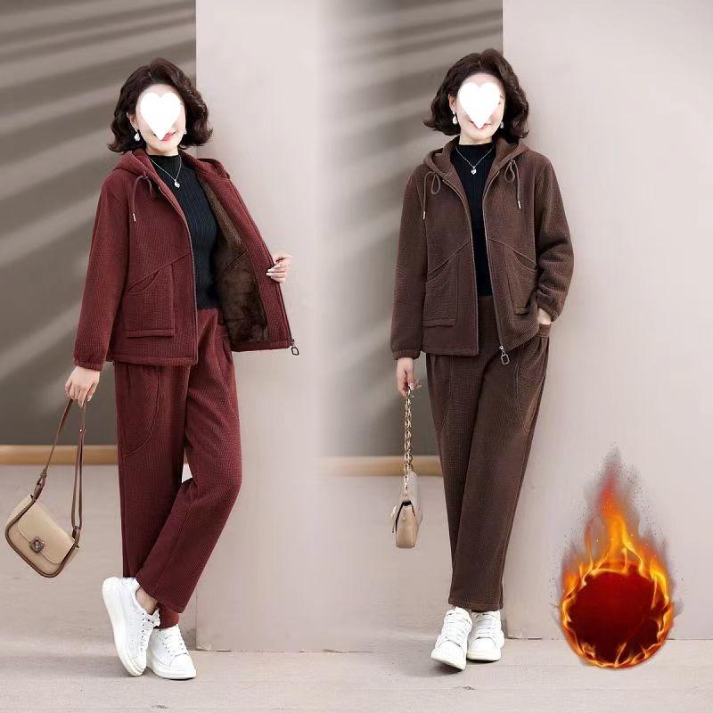 Middle-aged mother's autumn and winter clothing plus velvet casual jacket fashion suit middle-aged and elderly autumn and winter two-piece set