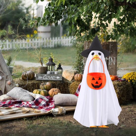 Ghost Goose Outfit Halloween Porch Goose Clothes with Witch Hat And Pumpkin Bucket for 23" Goose Statue Outdoor Patio Yard Lawn Decoration