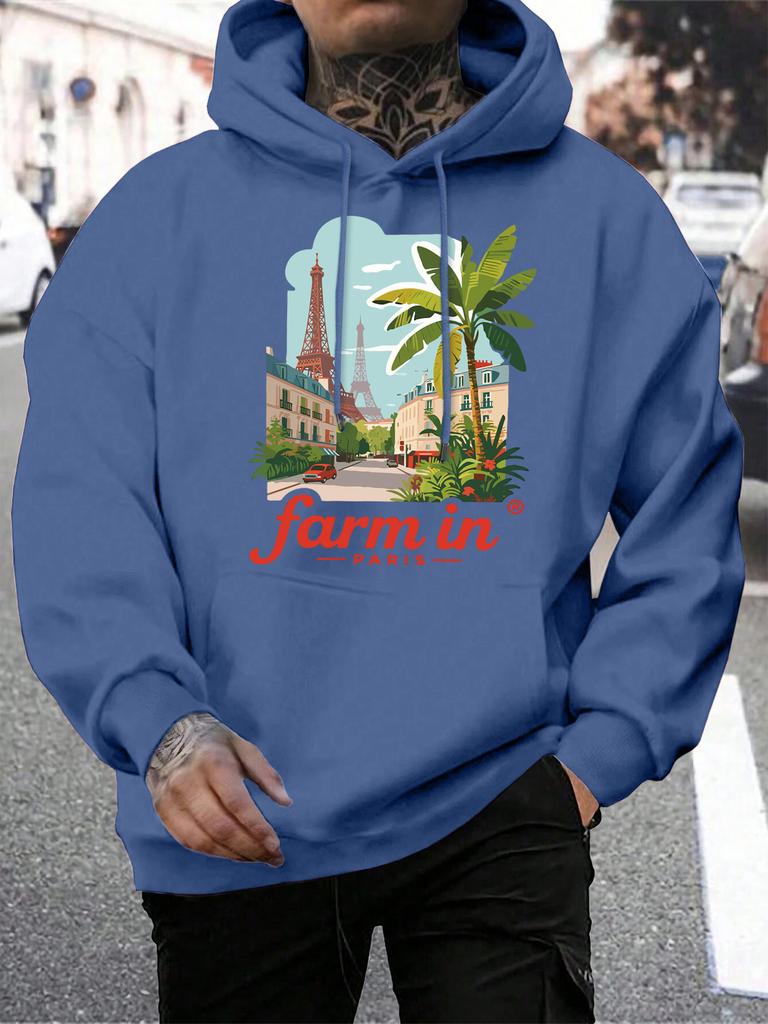 Farm In Pairs Street Scenery Print Men Hoodies Pocket Fleece Sportswear Loose Hip Hop Hoodie All-Match Autumn Man Pullovers