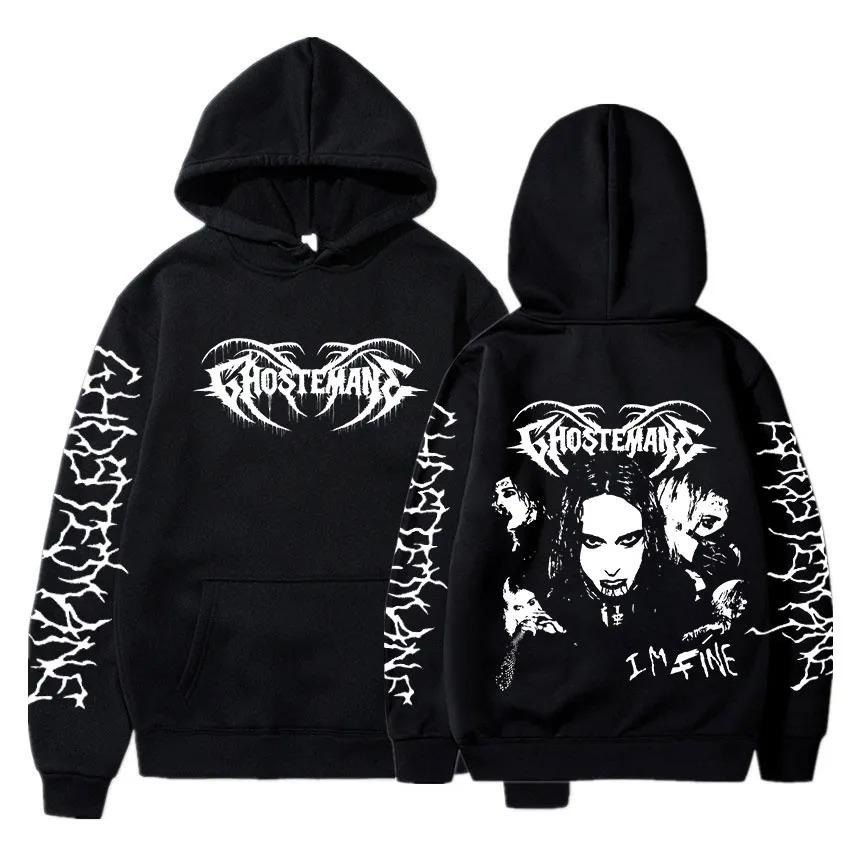 Geister Doppelseitiger Druck Hoodie Herren Damen Hip Hop Metal Rock Hoodies Gothic Kleidung Übergroßes Sweatshirt Trainingsanzug Streetwear