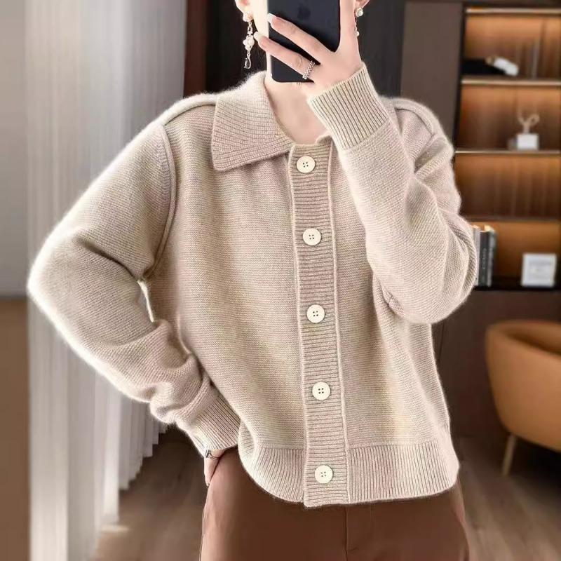 Polo Neck Knitted Cardigan Jacket Sweater Women's Autumn and Winter Lapel Thickened Outer Knitted Sweater Top Tide