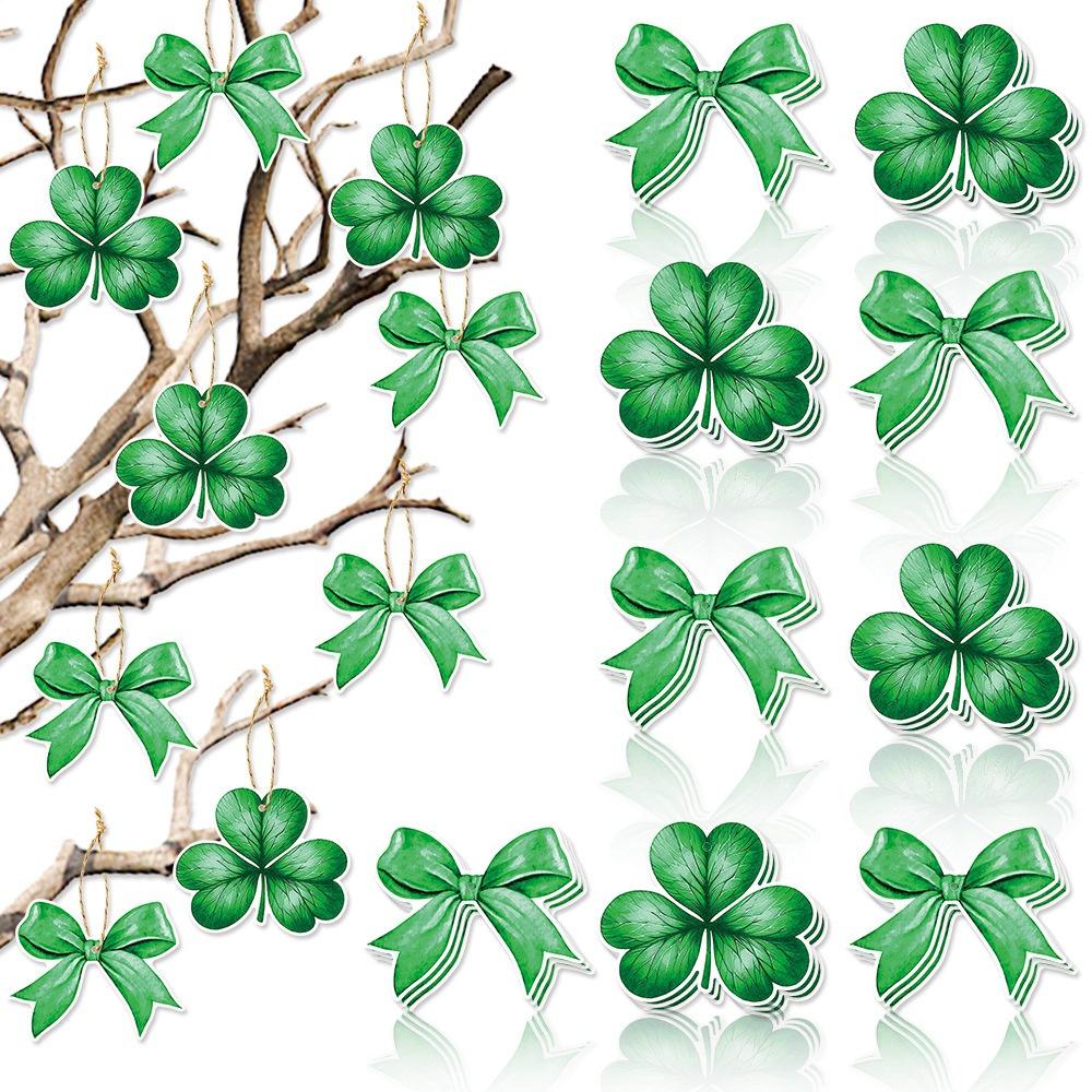 18pcs St. Patrick's Day Hanging, Green Clover, Bow, Irish Festival Gift Label, Office, Garden, Home Decoration, Party Decoration