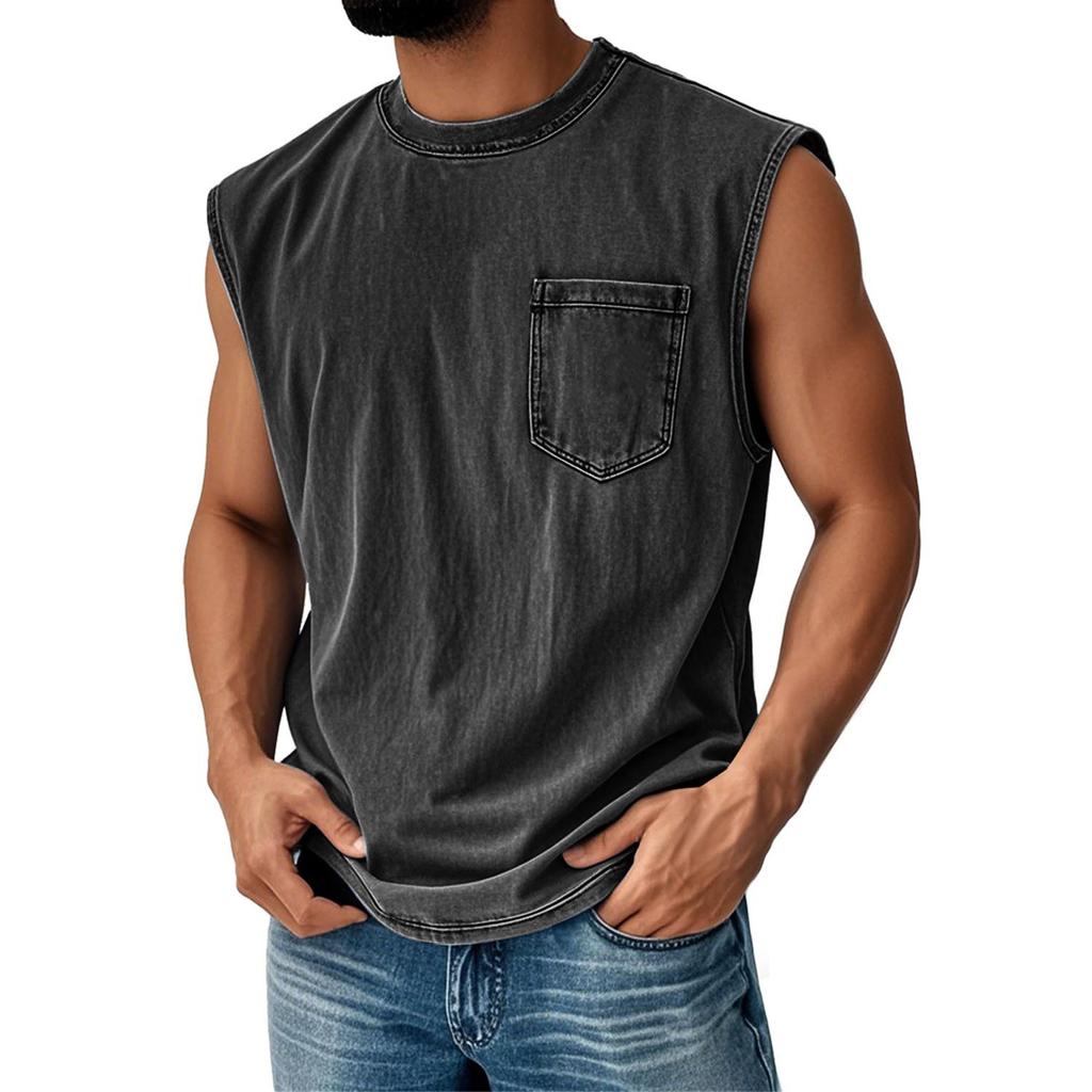 Men's Sleeveless T-Shirt with Chest Pocket, Casual Workout Tank Top, Breathable Muscle Fit