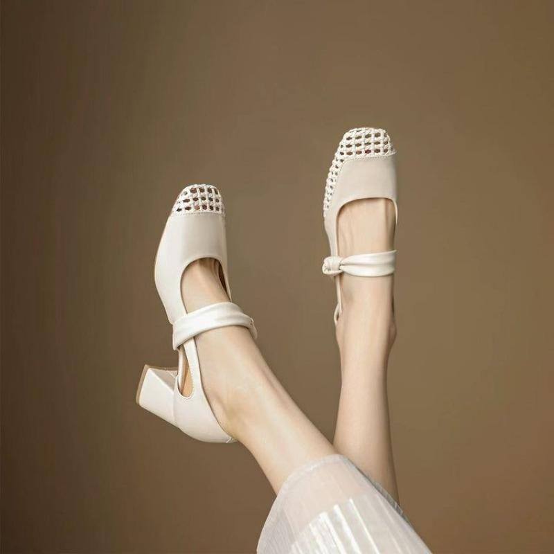 Fashion Beautiful 2025 Summer Block Heel Woven Hollow-out Baotou Sandals
