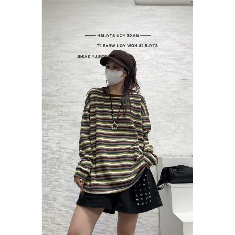

Rainbow Stripe Crew Neck Pullover: Bear Girl Korean Style Loose Casual Top One Size