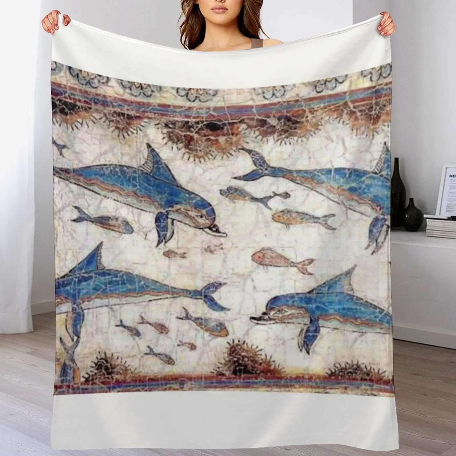 

Minoan Dolphins Fresco Throw Blanket Ultra Soft Flannel Fleece Blanket for All Seasons 102x76cm(40x30in)