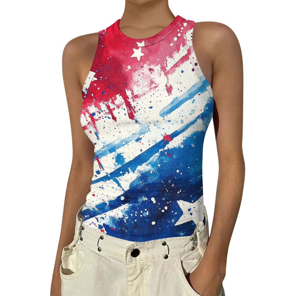 Women's Fashion Round Neck Independence Day Print Sleeveless Vest Top