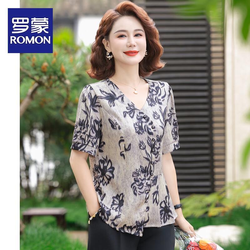 ROMON Women s Mid-Aged Chinese Style V-Neck Short Sleeve Top 2XL