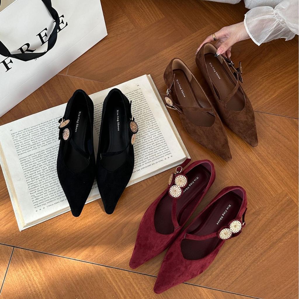 2025 spring and autumn new fashion versatile flip pointed head low heel shallow mouth single shoes women's flannel flowers Mary Jane