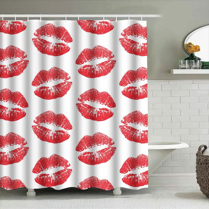 Red Lips Waterproof Shower Curtain Red Lipstick Pattern Bath Rug Decoration For Bathroom Accessories Set White Background One Si