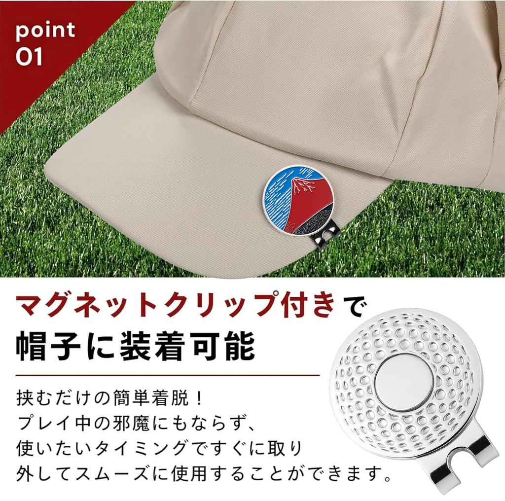 Golf Ball Marker, 32mm Double-Sided Design, Hokusai Great Wave Off Kanagawa & Red Fuji, Magnetic, with Hat Clip, Novelty Gift, U0004 (Type 1)
