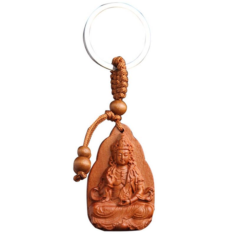 Lucky Jewelry Wood Carving Buckle Buddha Pendant Keychain Car Bag Keyring