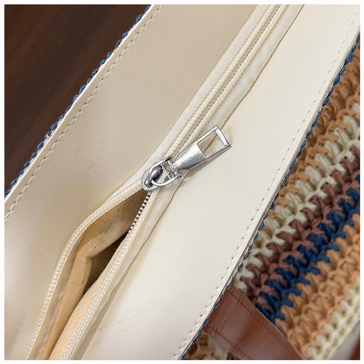 Striped Straw Woven Tote Bag - Large Capacity Beach Vacation Shoulder Bag