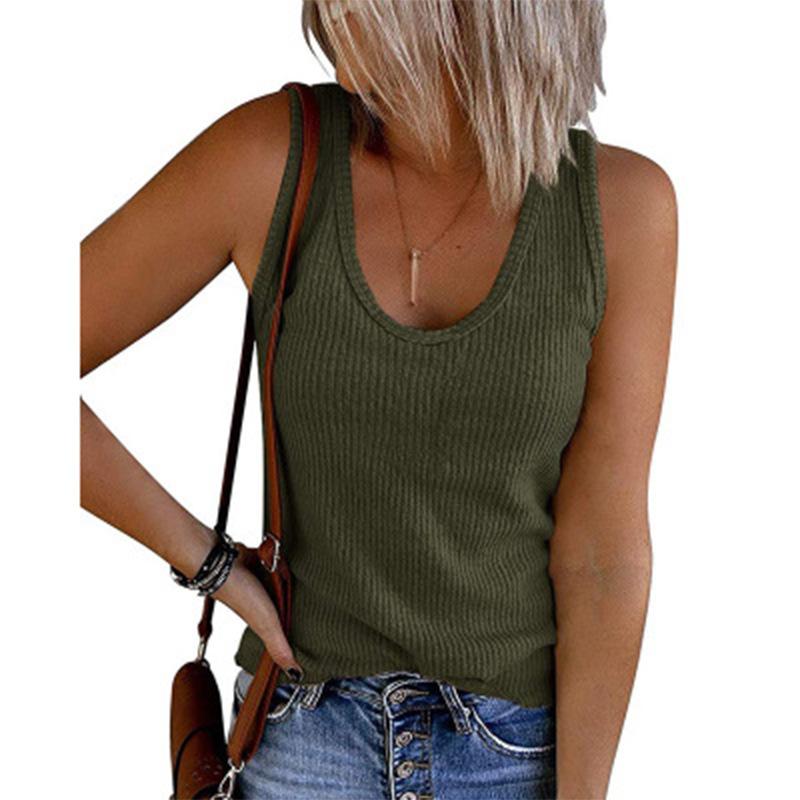 

Женская мода повседневная летняя весна однотонные принтованные безрукавки с U-образным вырезом блузки и рубашки L армия зеленый