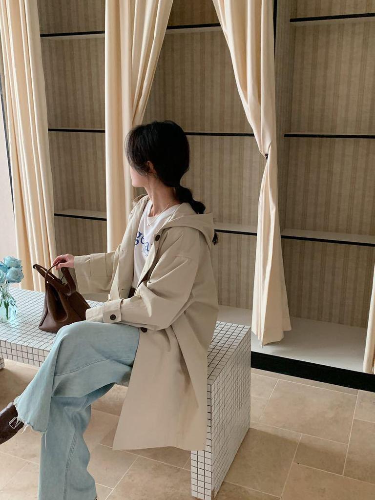 2026 Spring Korean Style Women's Hooded Windbreaker: Simple, Fashionable, Plain, Single-Breasted, Casual Mid-Length Jacket