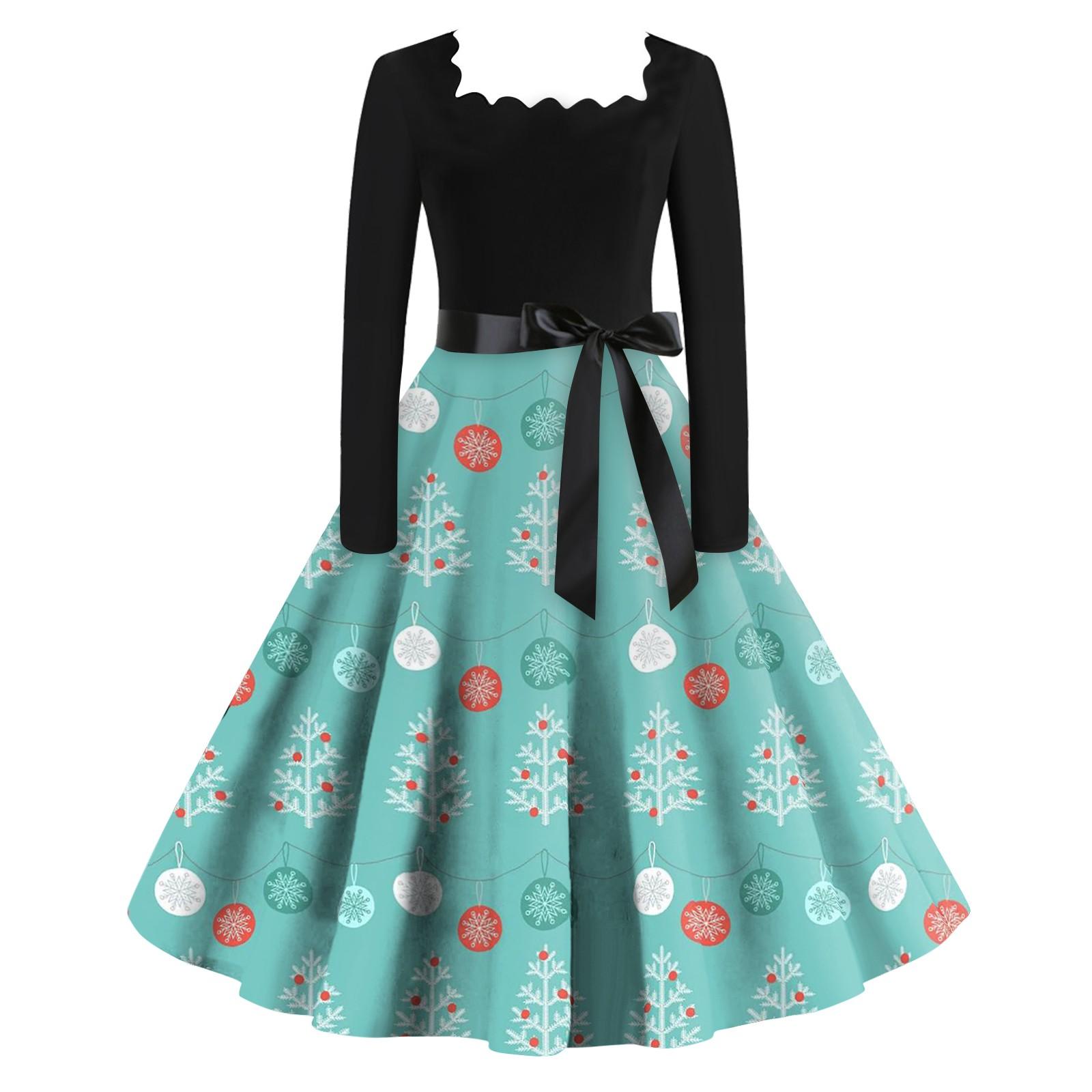 

Женские рождественские повседневные модные винтажные платья с квадратным вырезом и длинными рукавами с принтом S