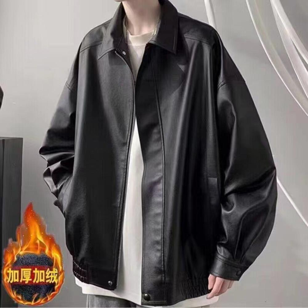 American retro leather jacket men's winter velvet thickened high-end ruffian handsome casual loose pu leather lapel jacket