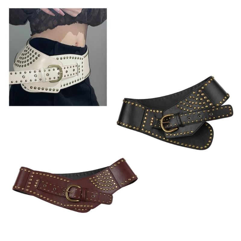 PU Leather Female Waist Belt with Irregular Buckle Rivets Decors PU Waist Belt Hollowed out Waistband for Coat Shirt